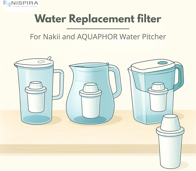 Nispira Water Filter Replacement Compatible with Nakii Aquaphor Water Pitcher Dispenser Removes Chlorine, Lead, Odor, Color Reduce Water Hardness, 2 Packs