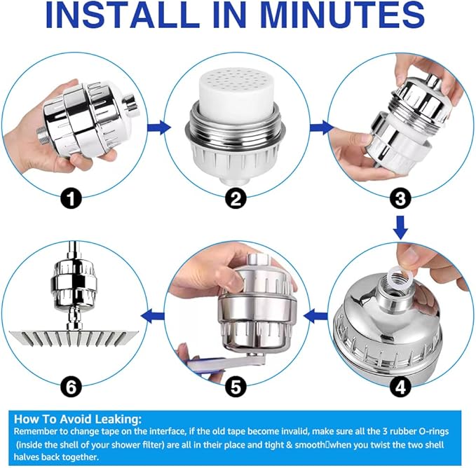 Chrome 15 Stage Shower Head Filter for Hard Water - High Output, Reduces Chlorine, Soothes Dry Skin & Itchy Scalp - Includes 3 Replaceable Filter Cartridges
