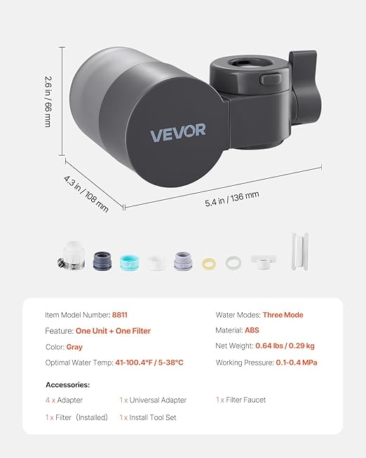 VEVOR Faucet Mount Water Filter, Horizontal Water Purifier for Sink Tap, Carbon Fiber Filters, Removes Chlorine Lead with 1 Filter, Fits Most Kitchen or Bathroom Faucets, Gray