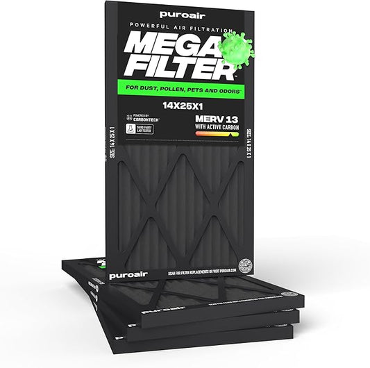 PuroAir MegaFilter - 14x25x1 Air Filter MERV 13 Activated CarbonTech Defense - Heavy Duty 3 Layer Furnace Filters Allergens, Pollen, Dust, Pet Dander, Smoke, Odors - HVAC Air Filter 14x25x1 (4-Pack)