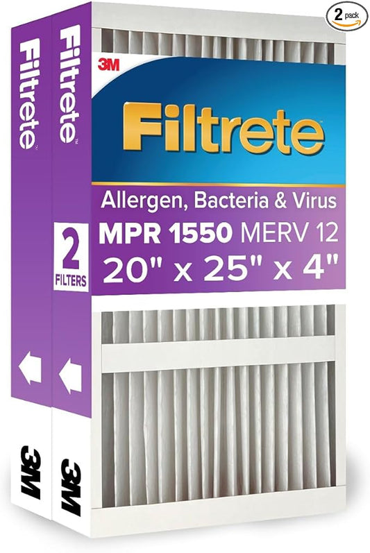 Filtrete 20x25x4 Air Filter MERV 12, MPR 1550 Certified Asthma & Allergy Friendly 2-Pack, Fits Honeywell & AprilAire, AC Furnace HVAC Filters, Pleated Electrostatic (Actual Size 19.88x24.63x4.31 in)