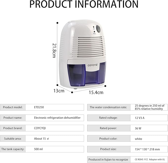 Small Dehumidifier,12V3A adapter，1200 Cubic Feet (215 sq ft) Portable Mini Dehumidifier Quiet Use for High Humidity in Home, Bathroom, Bedroom, Office, Basements, Wardrobe Closet,RV