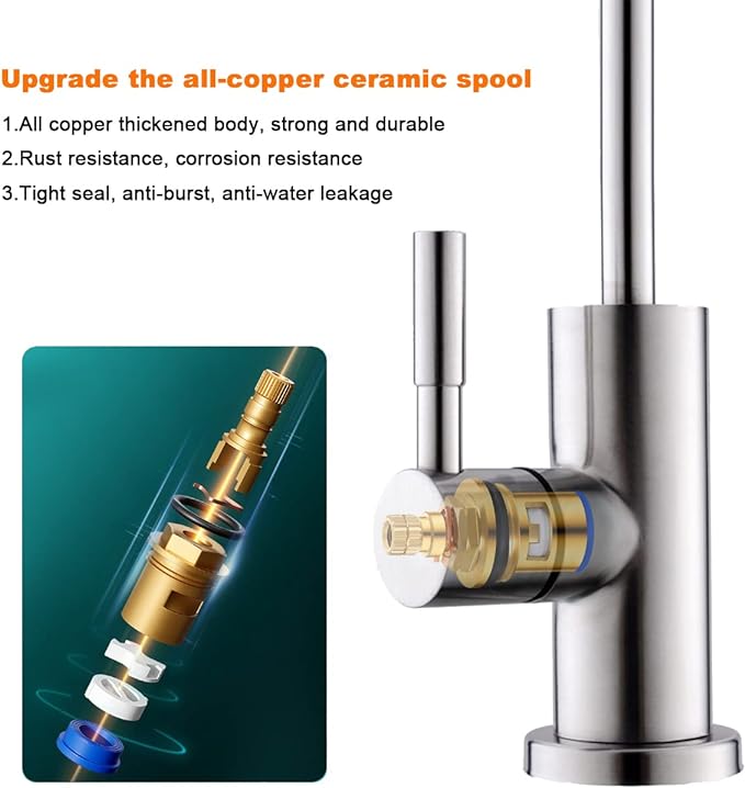 Drinking Water Faucet for Kitchen,100% Lead-Free Reverse Osmosis Faucets,Brushed Nickel SUS304 Stainless Steel Kitchen Filtered Water Faucets,RO Faucet with Longer Thread Pipe