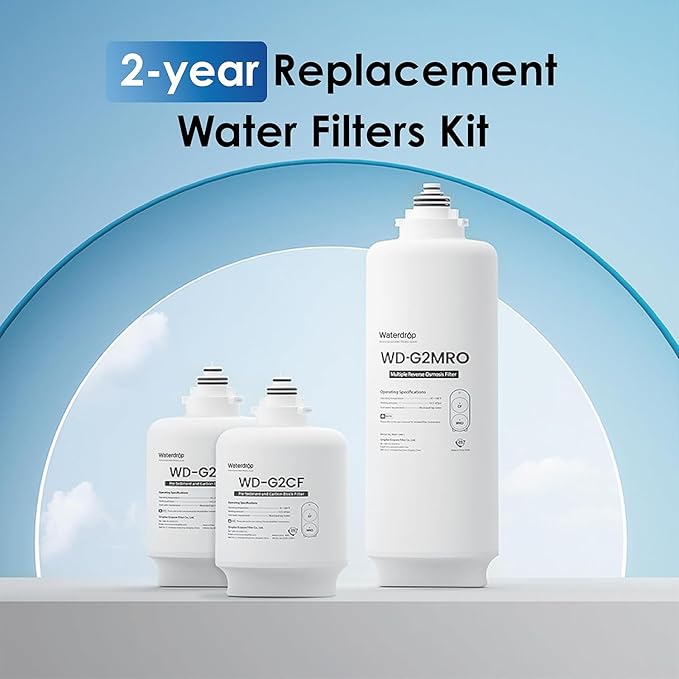 Waterdrop G2-2CFRO Filter, Replacement for G2 Reverse Osmosis System, 2-year Lifetime, Pack of 2 G2CF Filters and 1 G2MRO Filter, Reduce PFAS