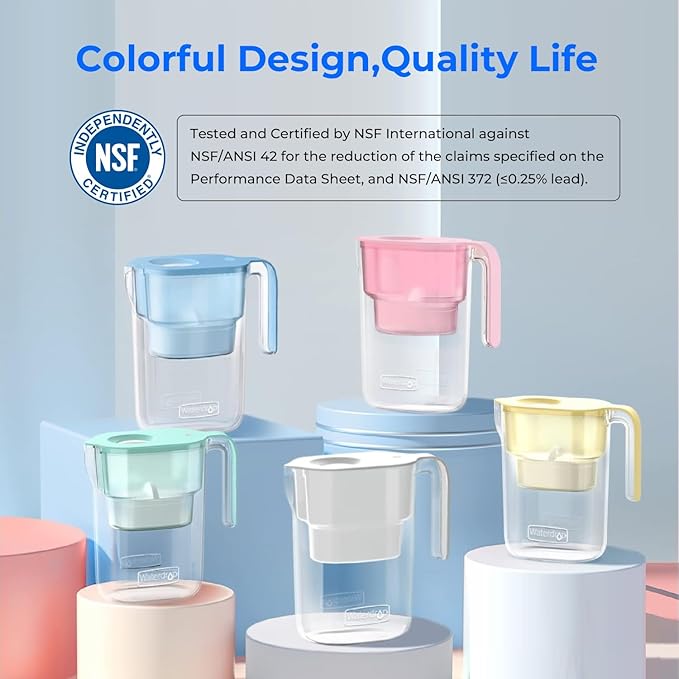 Waterdrop Water Filter Pitcher with 1 Filter, 5X Times Lifetime, Lasts 200 Gallons, for Fridge, Countertop and Gift, Reduces PFOA/PFOS, Chlorine, 7-Cup Capacity, Elfin, Blue