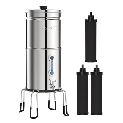 ICEPURE 3-Stage Gravity Water Filter System with Water Level Window, 304 Stainless Steel Countertop Gravity-fed Water Filtration System with 3 Filters and 1 Stand, Reduce 99% Chlorine 3G High Capacity