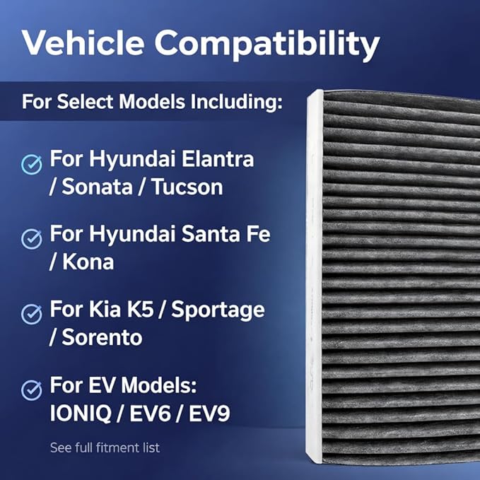 Cabin Air Filter Replacement for Hyundai and for Kia Models, Fiber Media, Panel Style, Fits Elantra Sonata Tucson Kona Santa Fe Sportage Sorento EV6 EV9 BI-TRUST XDC00039