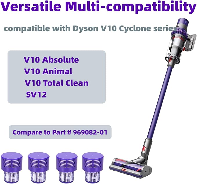 4-Pack V10 Vacuum Filter Replacements for Dyson V10 Cyclone Series, V10 Animal, V10 Absolute, V10 Total Clean, SV12, Washable, Reusable Vacuum Filter Great for Pet Hair, Dirt, Dust - Easy Installation