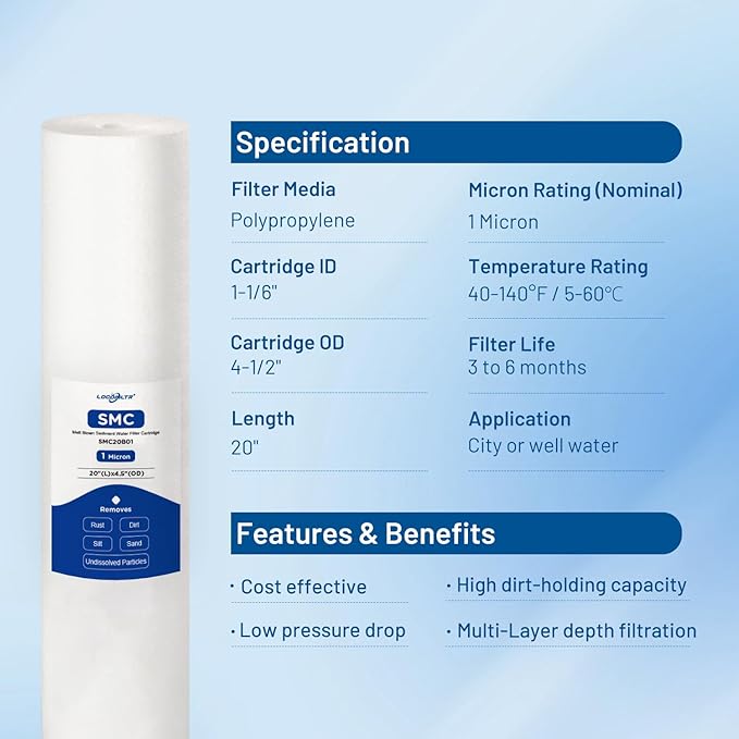 Whole House 1 Micron 20" x 4.5" Spun Polypropylene Sediment Water Filter Cartridge Replacement for DGD-2501-20, CFDGD2501-20BB, SDC-45-2001, FP25B, PD1-20BB, FPMB-BB1-20, SDF-45-2001 (Pack of 2)