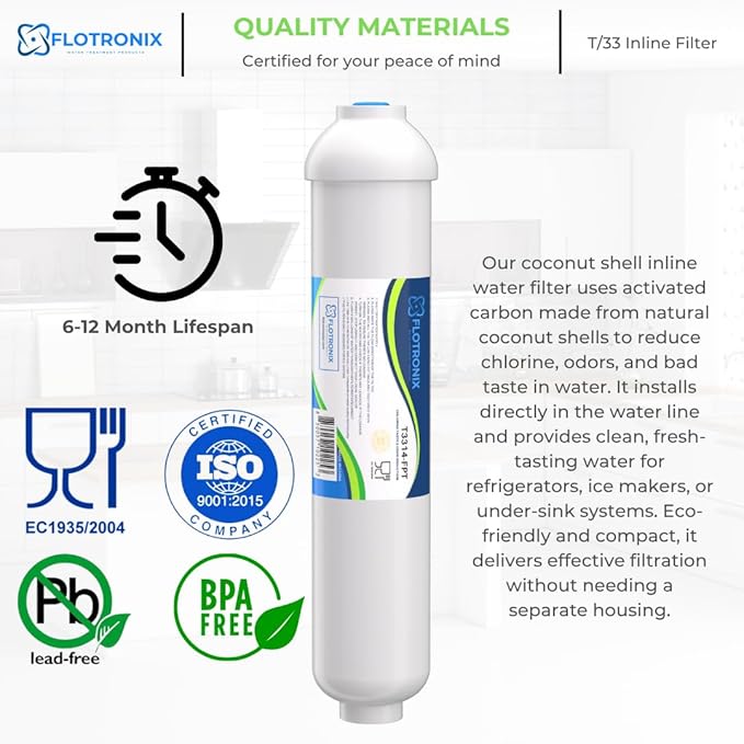 Flotronix 10" x 2" Inline Carbon Water Filter – 1/4" Female Threaded In/Out – Post RO Filter for Ice Maker, Refrigerator, Under-Sink – Removes Chlorine, Taste & Odor – 2 Pack