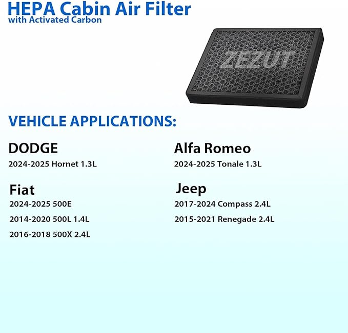 Cabin Air Filter, for Jeep, Dodge & Fiat Models, 2017-2025 Compass, 2015-2023 Renegade, 2024-2025 Hornet, 2014-2020 500L, 2016-2023 500X, 2024-2025 Alfa Romeo Tonale and 500E (CF11810)