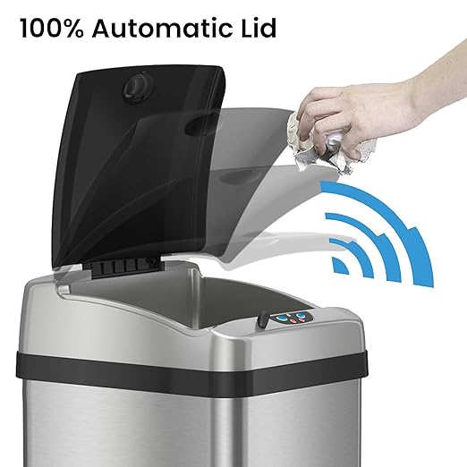 iTouchless 13 Gallon Automatic Touchless Sensor Kitchen Garbage Can with AC Adapter and Odor Filter Deodorizer, Includes Waterproof Reusable Vinyl Trash Sticker, Stainless Steel/13 Gal
