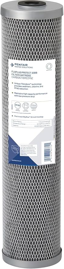 Pentek FloPlus Protect 20BB Big Blue Carbon Water Filter, NSF Certified to Reduce PFAS, 20-Inch, Whole House Carbon Fibredyne Replacement Cartridge, 20" x 4.5", 1 Micron