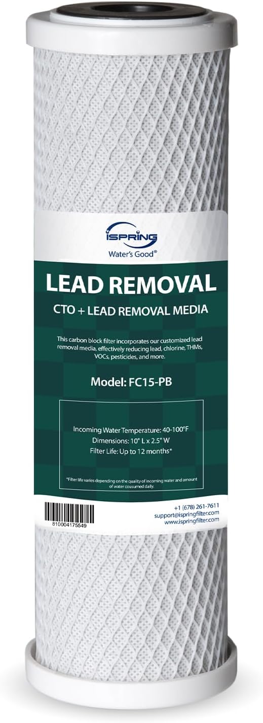 iSpring FC15-PB Certified Water Filter Replacement – Removes up to 99% Lead, Reduces Chlorine, THMs, VOCs, Pesticides, and More, SGS-tested