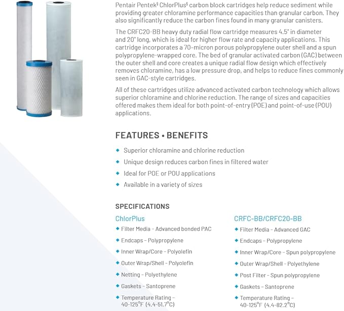 Pentair Pentek ChlorPlus20BB Big Blue Carbon Water Filter, 20-Inch, Whole House Chloramine Reduction Carbon Replacement Cartridge, 20" x 4.5", 1 Micron