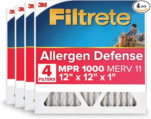 Filtrete 12x12x1 AC Furnace Air Filter, MERV 11, MPR 1000, Micro Allergen Defense, 3-Month Pleated 1-Inch Electrostatic Air Cleaning Filter, 4 Pack (Actual Size 11.81x11.81x0.81 in)