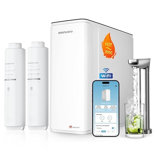 MIZUDO Reverse Osmosis Water Filter Tankless, 9 Stage Reverse Osmosis System, Instant Hot/Cold Water Dispenser, Smart WiFi 800GPD Reverse Osmosis Under Sink, 3:1 Pure to Drain, Child Safety Lock