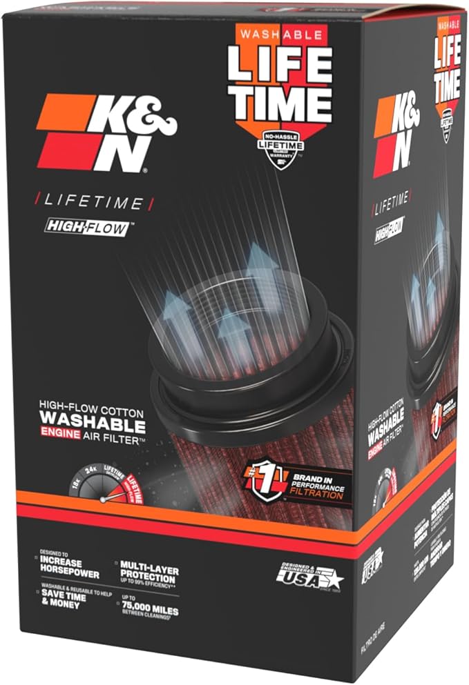 K&N High-Flow Original Lifetime Universal Clamp-On Air Filter: High Performance, Premium: Flange Diameter: 4.5 In, Filter Height: 8.375 In, Flange Length: 0.625 In, Shape: Round Tapered, RU-1008