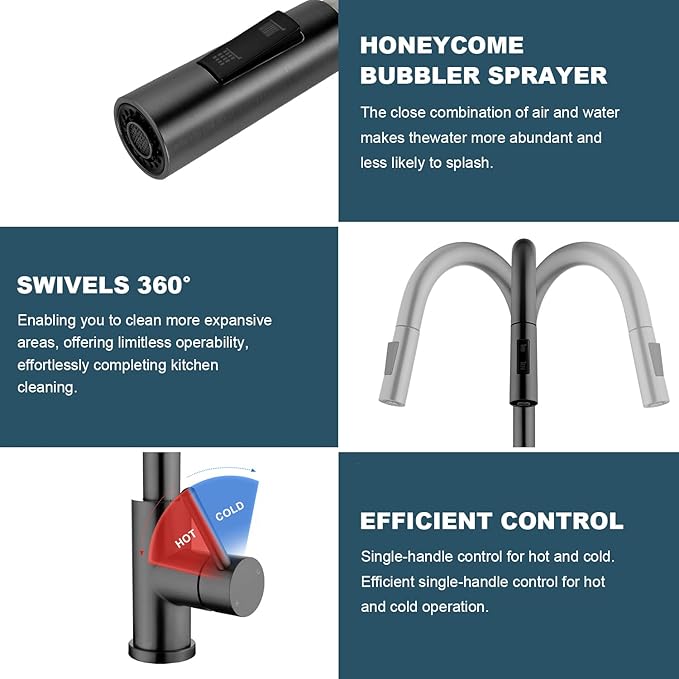 Tohlar Gray Kitchen Faucets with Pull Down Sprayer, Single Handle Kitchen Sink Faucet Gun Black Modern Staninless Steel Kitchen Faucet with Deck Plate, Gray