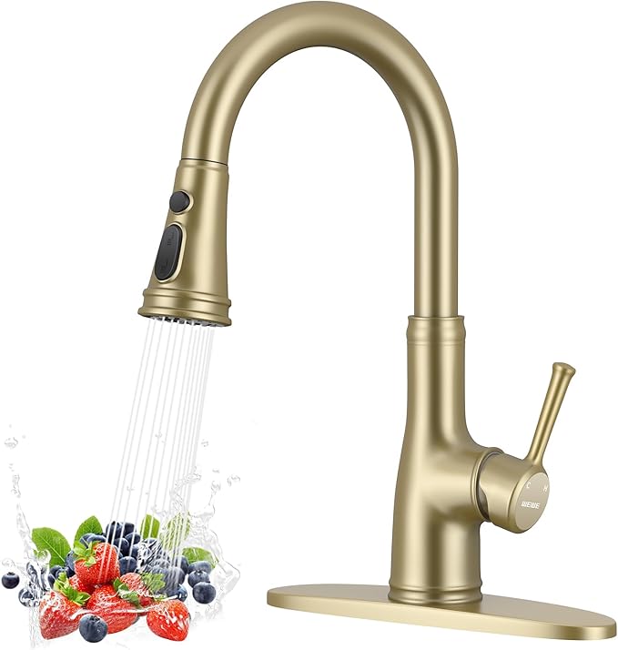 WEWE Vintage Kitchen Faucet with Pull Down Sprayer, Stainless Steel 1 or 3 Hole High Arc Single Handle Antique Sink Faucet for Classic Modern Ktichen, Gold Bar & Prep Sinks