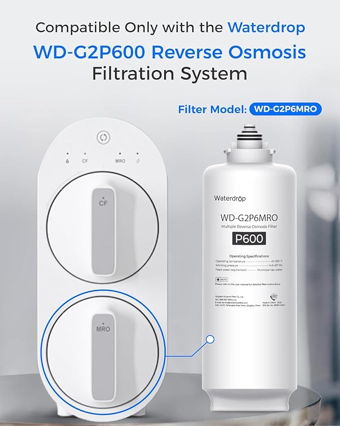 Waterdrop G2P6MRO Filter, Replacement for G2P600 Reverse Osmosis System, 2-year Lifetime, Reduce PFAS