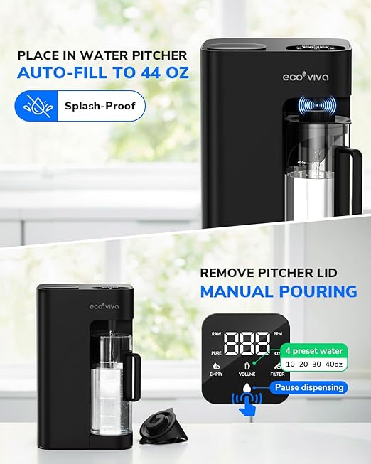 Ecoviva Mate 3 Countertop Reverse Osmosis Water Filter with 2 Auto-Fill Pitchers, 8-Stage RO Filtration System, Installation-Free, Reduces TDS, 3:1 Pure-to-Drain Ratio, Home & Kitchen, Black