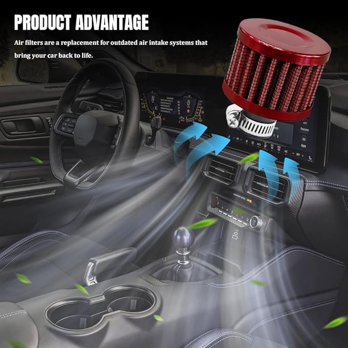 2PCS Breather Filter, Air Intake Filter, 12mm Auto Air Filter Vent Crankcase Breather with Adjustable Clamp, Universal Car Accessory Valve Cover Breather Fit for Car and Motorcycle (Red)