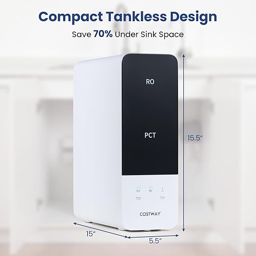 COSTWAY AW-RB05 Alkaline PH+ Reverse Osmosis Water Filter, 800 GPD Tankless Under-Sink RO System with 8-Stage Filtration, Smart LED Faucet, 2:1 Pure to Drain Ratio, High-Efficiency Water Purification