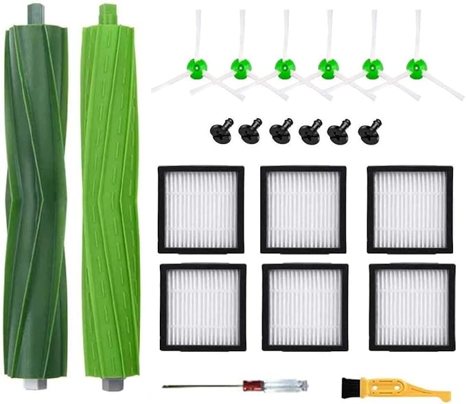 Replacement Parts for iRobot Roomba i & j & e Series E5 E6 i7 i7+ i3 i3+ i4 i4+ i6 i6+ i8 i8+ j7 j7+/Plus Vacuum Cleaner, 1 Set of Rubber Brushes & 6 Vacuum Filters & 6 Side Brushes