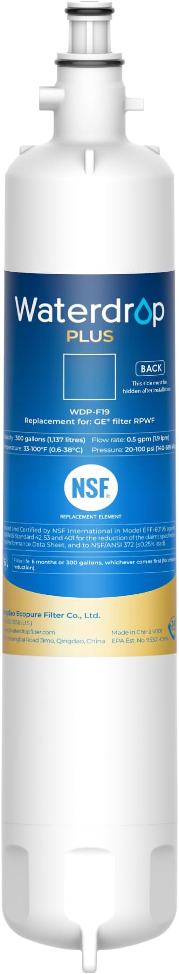 Waterdrop Plus RPWF Refrigerator Water Filter, Replacement for GE® RPWF (Not RPWFE), WDP-F19, RWF1063, DWF-36, RWF3600A, WSG-4, OPFG3-RF300, R-3600, MPF15350, Certified by NSF 401&53&42, 1 Pack