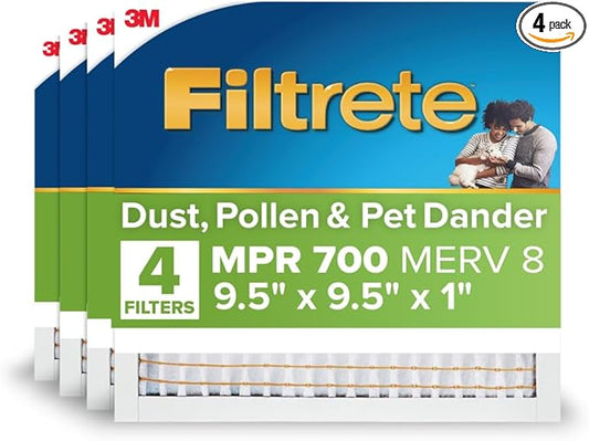 Filtrete 9.5x9.5x1 AC Furnace Air Filter, MERV 8, MPR 700, Tough on Pollen, Easy on Airflow, 3-Month Pleated 1-Inch Electrostatic Air Cleaning Filter, 4-Pack (Actual Size 9.187 x 9.187 x 0.81 in)