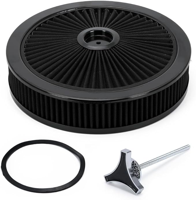 14"x3" Round High Flow Washable Air Cleaner Filter Assembly w/Flow-Thru Lid for Caburetor Compatible with Ford/GMC/Chevy SBC BBC Black