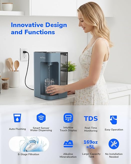 Mate 3 Reverse Osmosis Water Filter Countertop, 3:1 Pure to Drain, 44oz Smart Autofill Pitcher, No Installation Water Purifier, 8 Stage RO Water Filtration, with Remineralization, Blue