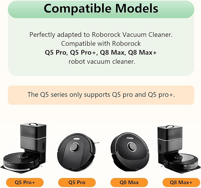 Replacement Parts Fit For Roborock Q5 Pro Q5 Pro+(Plus) Q8 Max Q8 Max+(Plus) Robot Vacuum Cleaner Accessories Kits. Dual Main Roller Brush, HEPA Washable Filter, Dust Bag, Mop Cloth,Side Brush,Robotic