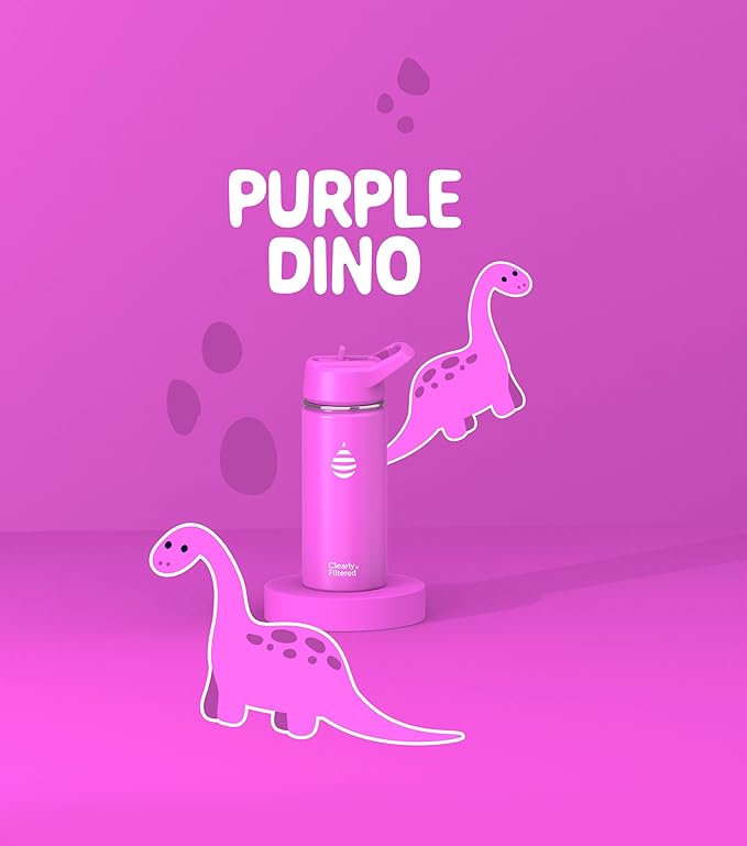 Clearly Filtered Water Bottle | Removes 200+ Contaminants, Double-Wall Insulated Stainless Steel, BPA/BPS Free, Phthalate Free, Filters Flouride Lead Chlorine (16oz, Purple Dino)