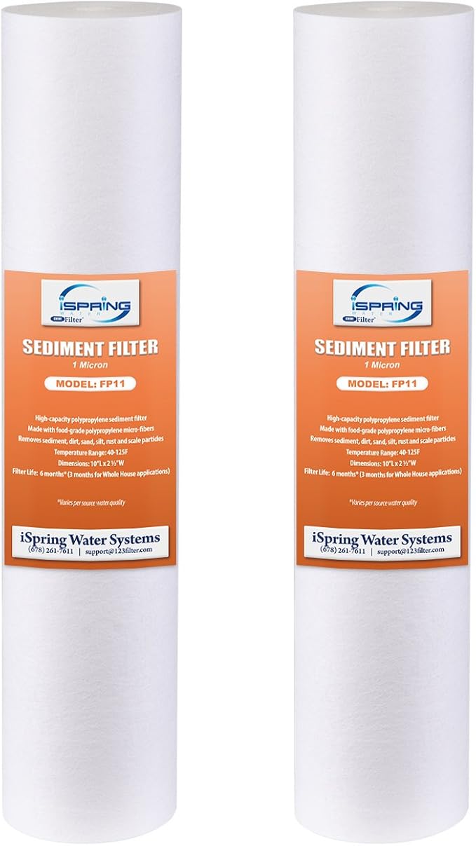 iSpring FP11X2 Sediment Water Filter Cartridges Replacement, 1 Micron 10" x 2.5" Universal Sediment Filter, 15,000-Gallon Multi-Layer Cartridge, 2 Pack