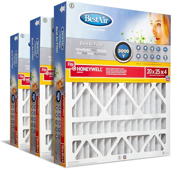 BestAir HW2025-13R AC Furnace Air Filter, 20" x 25" x 4", MERV 13, Removes Allergens & Contaminants, Fits 100%, For Honeywell Models, Pack of 3