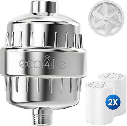 eco4life Shower Filter - 25 Stage Shower Head Filter for Hard Water, Removes 99% of Chlorine & Heavy Metal, Improves Skin & Hair, Built-In Turbine Fan, Fits Most Bathroom, Bathtub Showers (2 Filters)