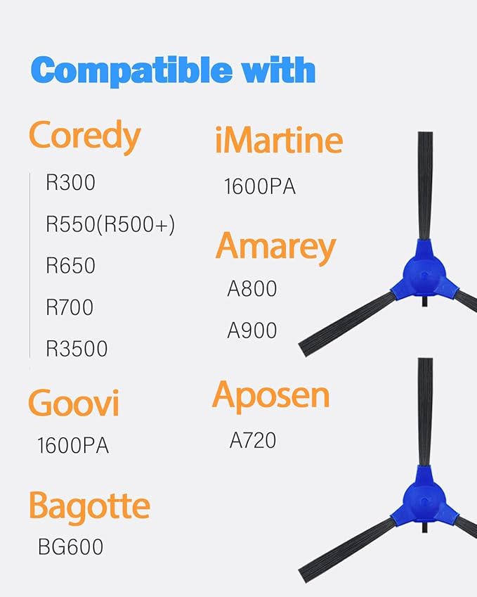 Replacement Side Brushes Compatible with Eufy 11s, Coredy R300 R550(R500+) R650 R700 R3500, GOOVI 1600PA, Bagotte BG600, iMartine 1600PA,Amarey A800 A900 Robot Vacuum Cleaner,Pack of 8