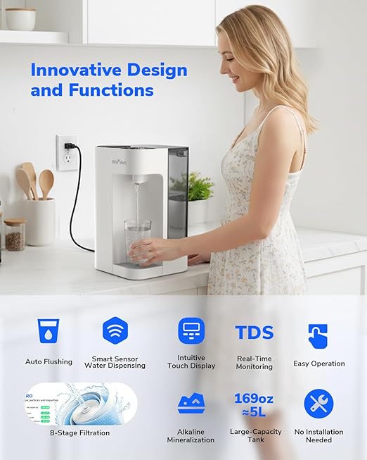 Mate 3 Reverse Osmosis Water Filter Countertop, 3:1 Pure to Drain, 44oz Smart Autofill Pitcher, No Installation Water Purifier, 8 Stage RO Water Filtration, with Remineralization, White