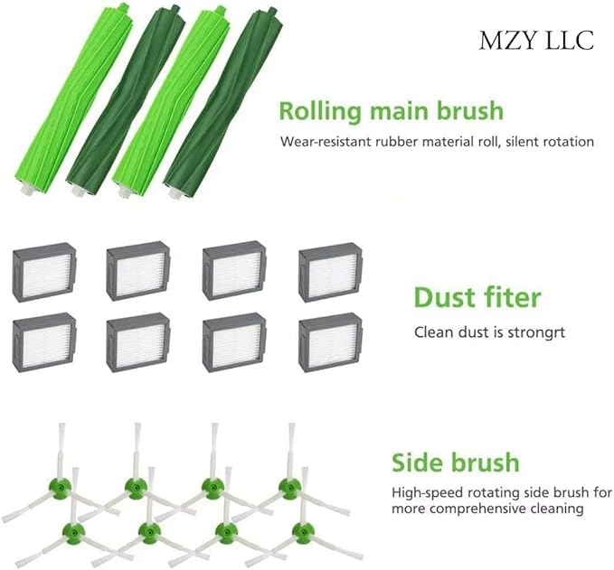 MZY LLC Replacement Parts for iRobot Roomba i7 i7+ i2 i3 i3+ i4 i4+ i6 i6+ i8 i8+/Plus j7 j7+ E5 E6 E7, I, E & J Series Vacuum Cleaner, 2 Set Rubber Brushes, 8 HEPA Filters and 8 Side Brushes