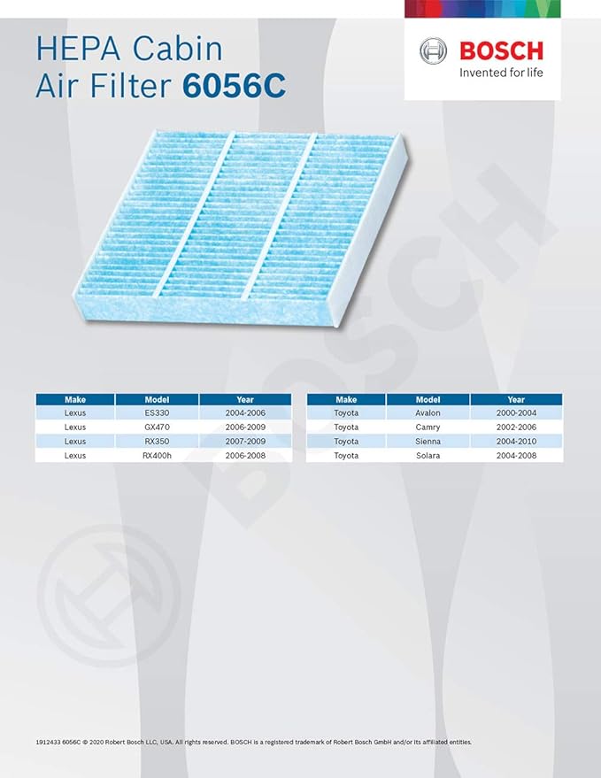 BOSCH 6056C HEPA Cabin Air Filter - Compatible with Select Lexus ES330, GX470, RX330, RX350, RX400h; Toyota 4Runner, Avalon, Camry, Celica, FJ Cruiser, Prius, Sienna, Solara