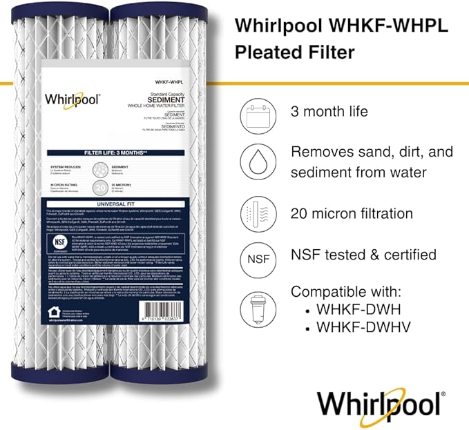 Whirlpool 10" x 2.5" Whole House Sediment Water Filters, WHKF-WHPL Pleated Filter, 20 Micron, NSF Certified Reduces Sand, Soil, Silt & Rust for Standard Filter Housings, 24-Pack