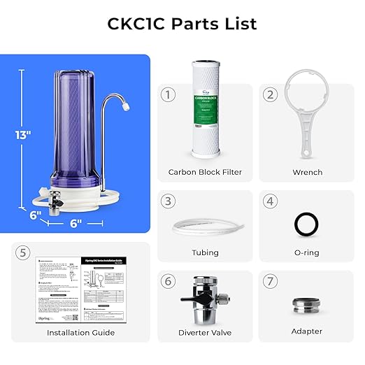 iSpring CKC1C Countertop Drinking Water Filtration System with Carbon Filter, 2.5" x 10", Clear