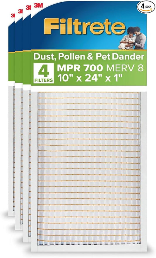 Filtrete 10x24x1 AC Furnace Air Filter, MPR 700, MERV 8, Tough on Pollen, Easy on Airflow, 3-Month Pleated 1-Inch Electrostatic Air Cleaning Filter, 4-Pack (Actual Size 9.81 x 23.69 x 0.81 in)