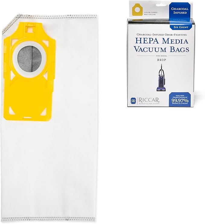 Riccar R40P HEPA Filter Vacuum Cleaner Bags, Charcoal-Infused Tandem Air Yellow, Six Bags Included, RPHC-6