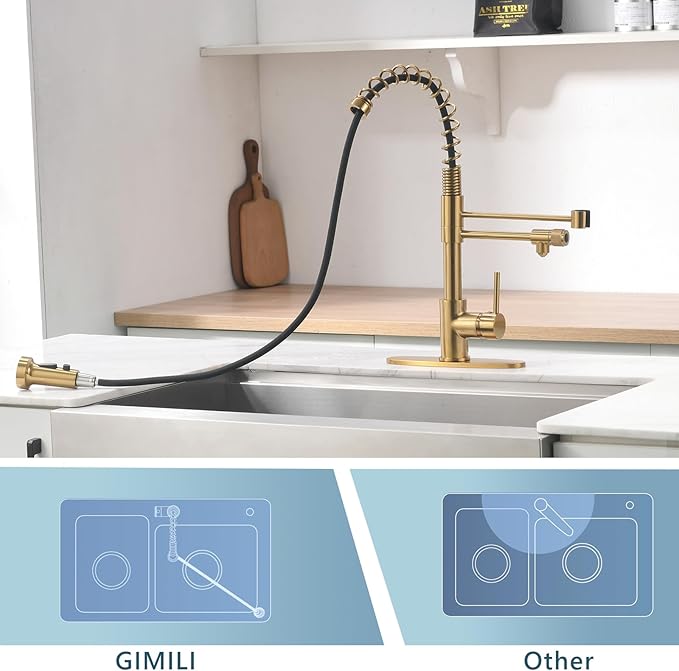 GIMILI Brushed Gold Drinking Water Faucet 3 in1 Commercial Style Pull-Down Single Handle Filter Kitchen Faucet for Water Filtration System,Without Water Filtration Device