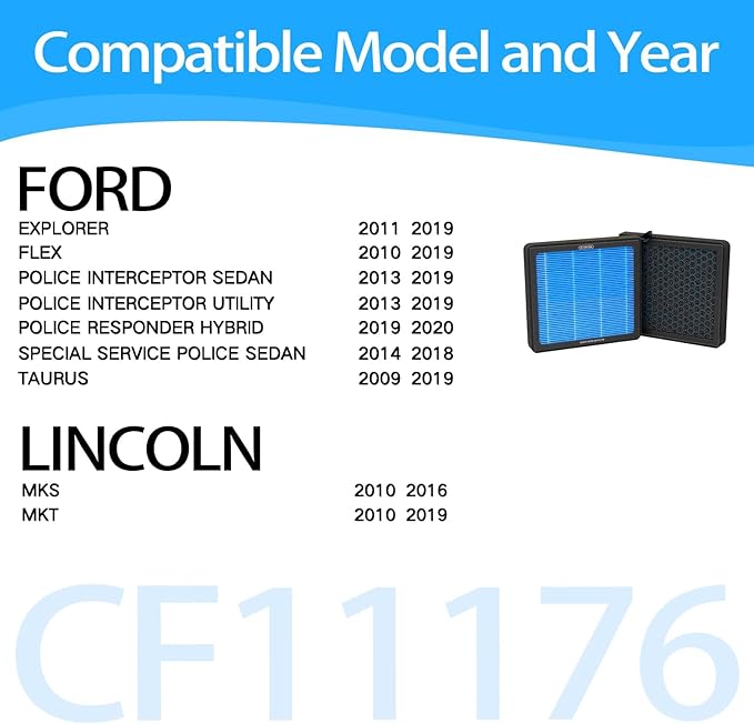 Cabin Air Filter CF11176 Fits 2011-2019 Ford Explorer, 2010-2019 Taurus, 2010-2019 Flex, 2013-2019 Police Interceptor Utility, 2013-2019 Police Interceptor Sedan