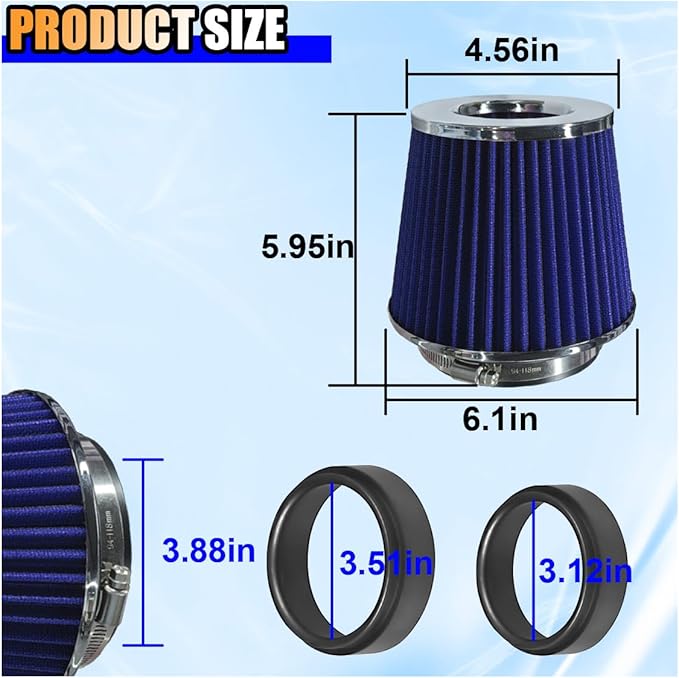 Universal Clamp-On Air Intake Filter, High Flow Closed-Top Cool Air Filter Cleaner, 76 89 102MM Performance Round Tapered Cone Air Filters, Washable Replacement Filter for Car Truck (Silver&Blue)