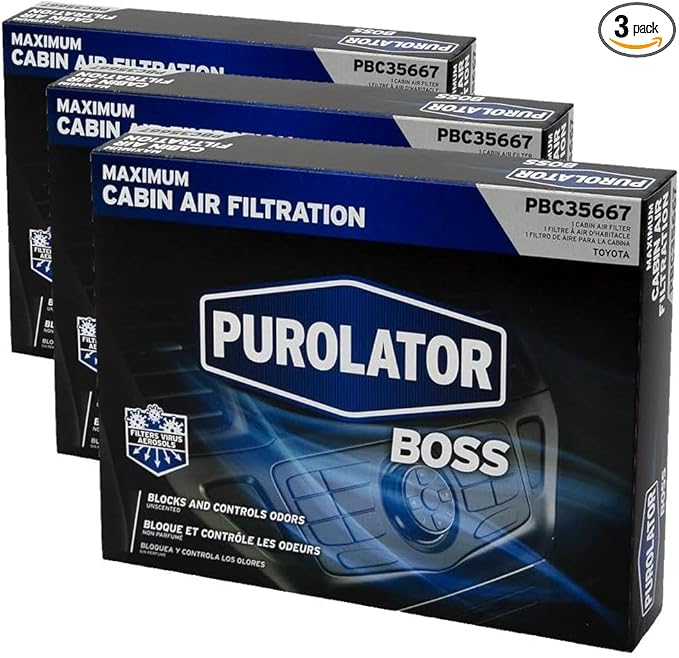 Purolator PBC35667 PurolatorBOSS Automotive Cabin Air Filter with Febreze & Activated Carbon, Car & Truck Passenger Compartment OEM Filter Replacement for Toyota RAV4, Camry, Corolla (Pack of 3)